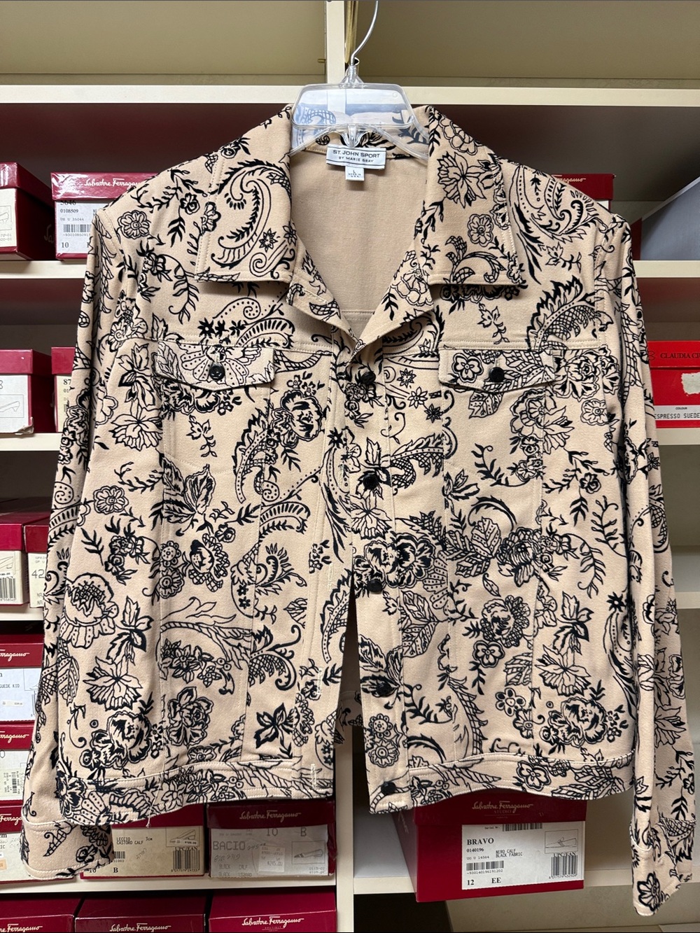 St. John Sport by Marie Gray Beige Jacket with Black Floral Print